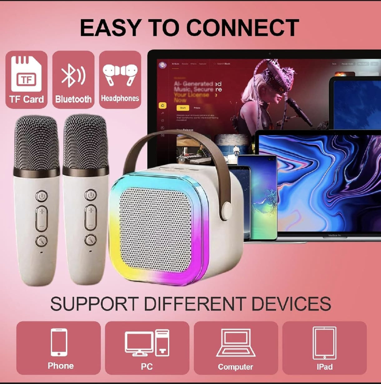 K12 Wireless Karaoke Mic with RGB Lights & Built-in Speaker – USB/AUX/SD Compatible
