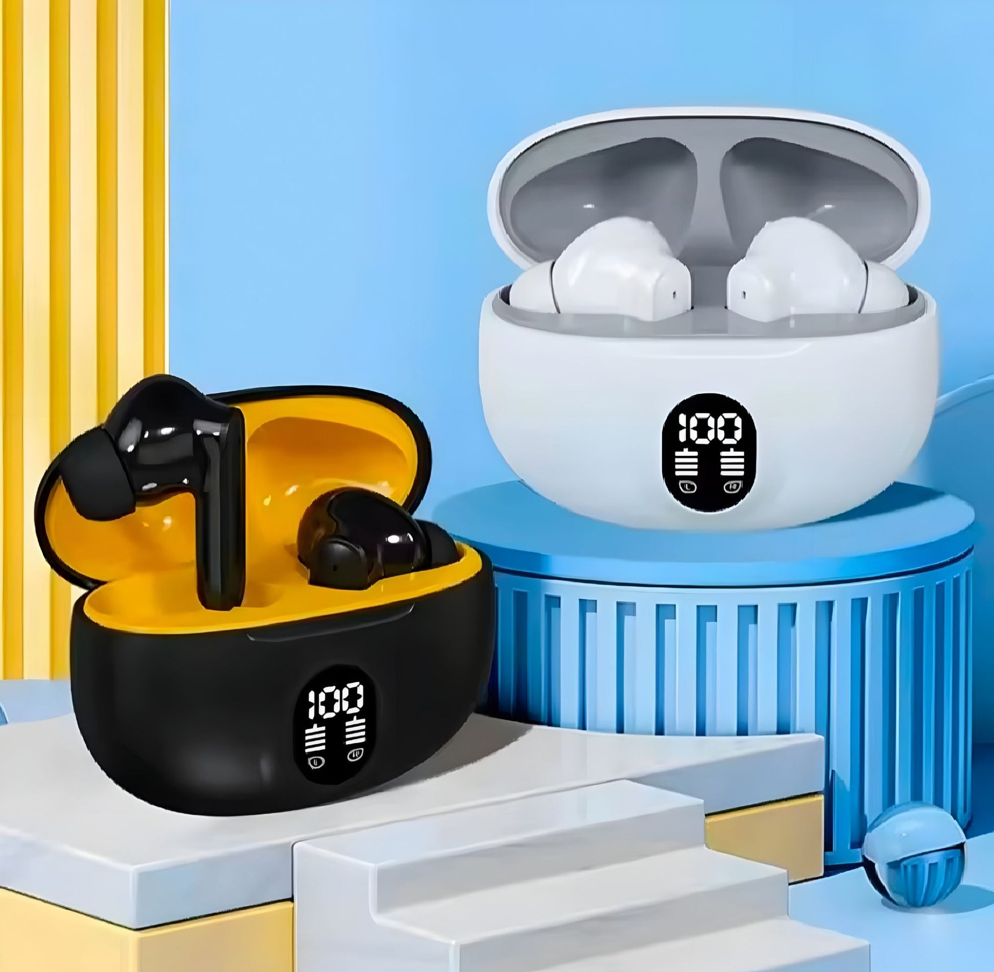 TWS Bluetooth 5.3 Wireless Earbuds with LED Display – ENC Noise Cancellation, HiFi Stereo Sound, Touch Control – Black & White