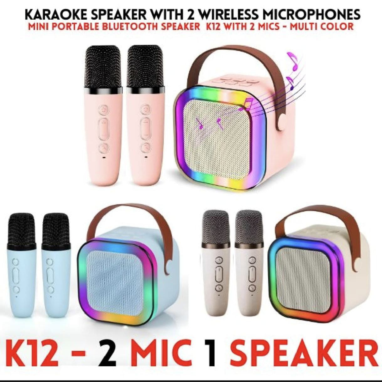 K12 Wireless Karaoke Mic with RGB Lights & Built-in Speaker – USB/AUX/SD Compatible
