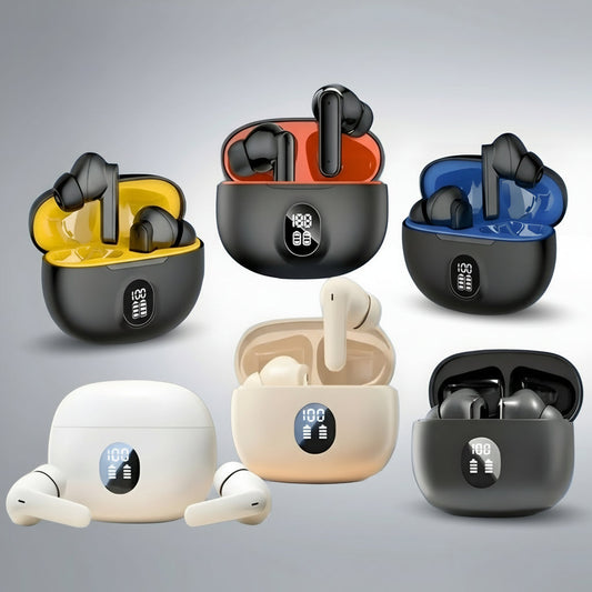 TWS Bluetooth 5.3 Wireless Earbuds with LED Display – ENC Noise Cancellation, HiFi Stereo Sound, Touch Control – Black & White